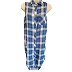 Rails Jordyn Tunic Top Open Sides blue teal plaid  Check XS EUC button front
